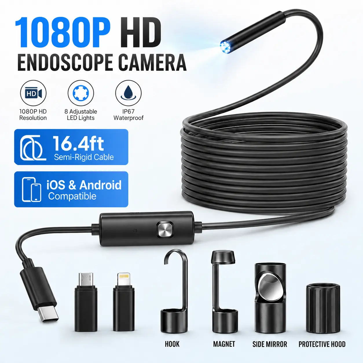 16.4FT 1080P HD Endoscope Camera with Light, Waterproof Borescope Inspection Camera with 8 LEDs for iPhone Android, Pipe & Auto Repair