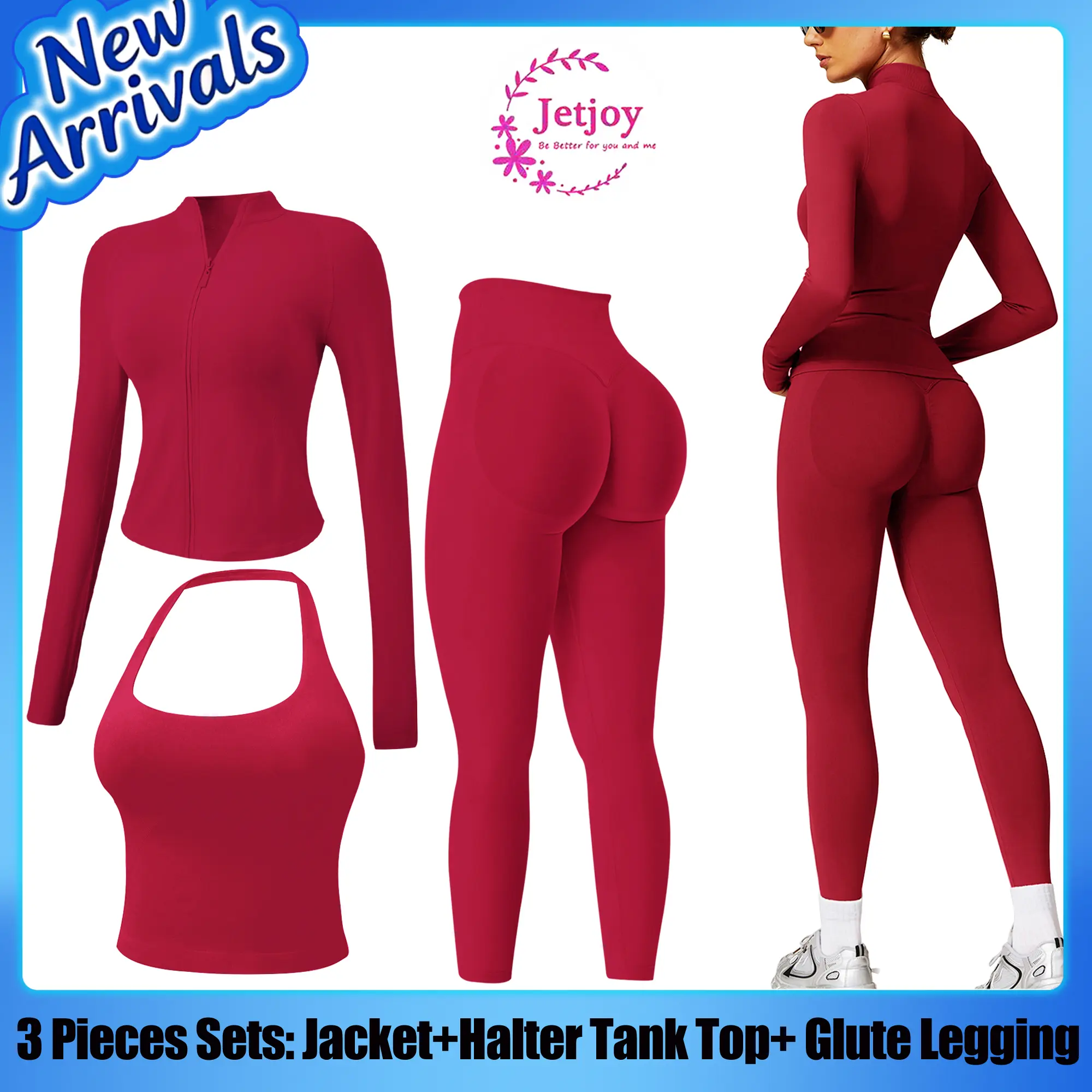 Jetjoy Women's 3-Piece Seamless Ribbed Knit Workout Set for Women - Zip-Up Jacket, Backless Tank, Mid-Waisted Tummy Control Compression Leggings, High-Stretch Nylon Elastane for Yoga, Running