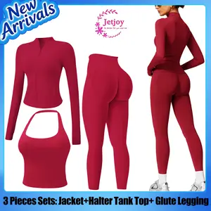 Jetjoy Workout Sets for Women 3 Piece ,  Women Seamless Ribbed Workout Sets With Zip Up Jacket+ Backless Tank Top+Mid-Waisted Gym Yoga Leggings SpringStatements