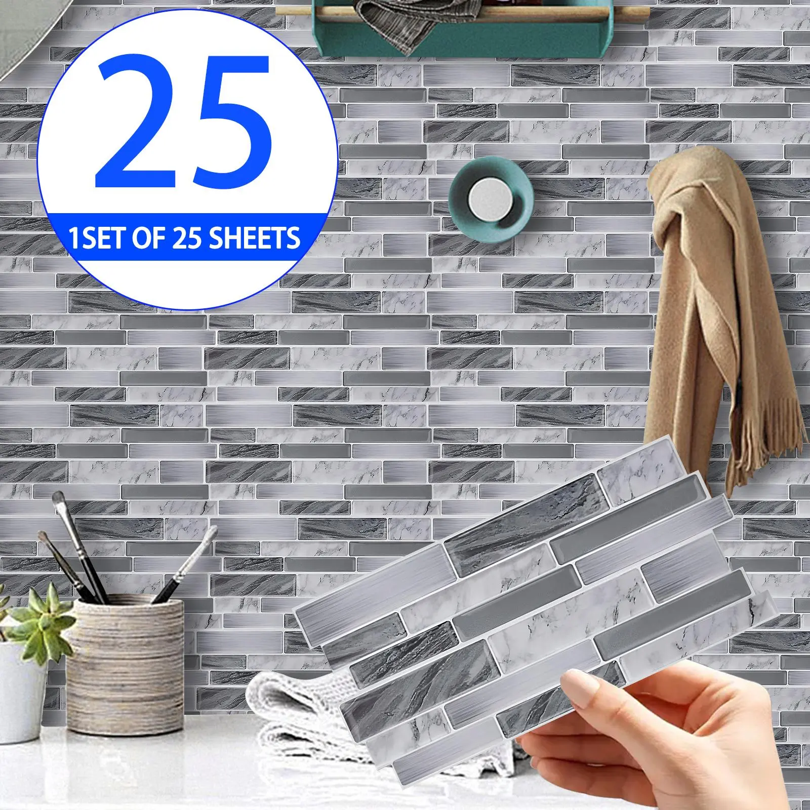 Faux Marble Pattern Tile Sticker, Marble Tile Stickers, 25pcs/set Self Adhesive Tile Sticker, Waterproof & Oil-proof Wall Sticker for Home Kitchen Bathroom, Decor, Decorative Tiles Stickers