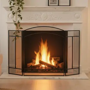 Fireplace Screen 3 Panel Spark Guard Cover, 48.2" L x 28.7" H Foldable Wrought Iron Metal Fireplace Gate for Living Room, Black
