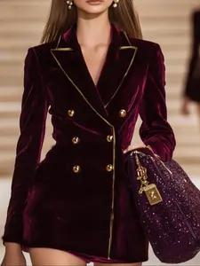 Elegant Women's Vintage Cross Design Blazer Suits, Pure Polyester Fabric, Metal Buttons, Perfect for Evening Dates, Weddings, Fall & Winter