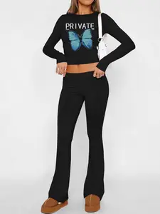 Women's Butterfly Letter Print Crop Top Set, Casual Long Sleeve Slim Fit Tee & Pants Two-Piece, Spring & Fall Fashion