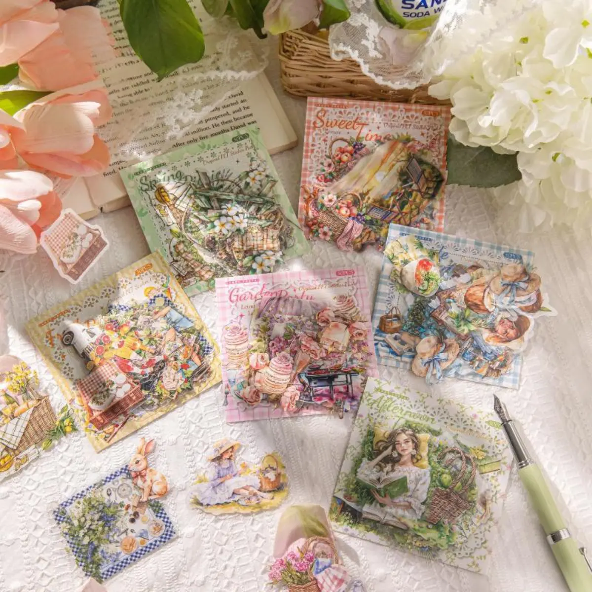 180-Piece Small White Ink PET Waterproof Retro Vintage Stickers Pack - 6 Pcs Set, Characters, Fruits, Desserts, Floral Plants, Craft Use, No Battery Needed for Office Stationery Labels, DIY Decor Embellishment