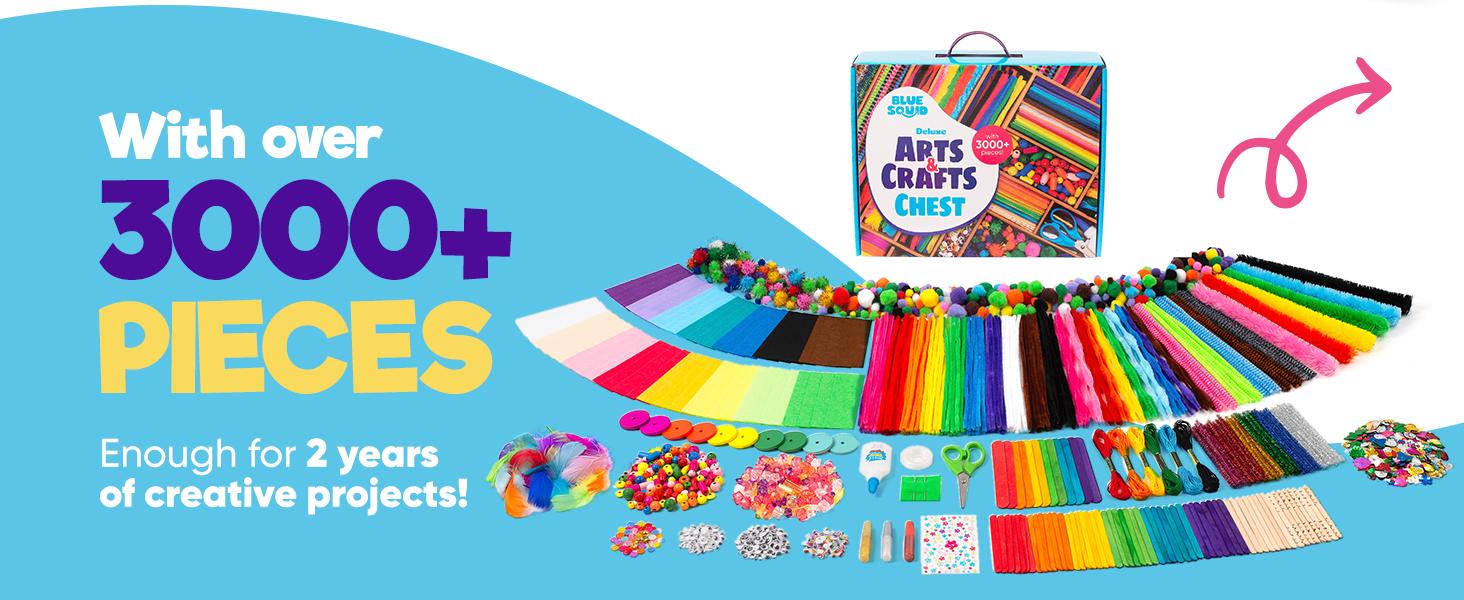 Blue Squid 3000+ pcs Arts and Crafts Supplies for Kids | Craft Kit Box for Kids Age 4-5, 4-8, 6-8, 8-12 | Craft Supplies & Materials Crafts Set Toys Art Box Gifts for Girls Boys Bulk Art Kit