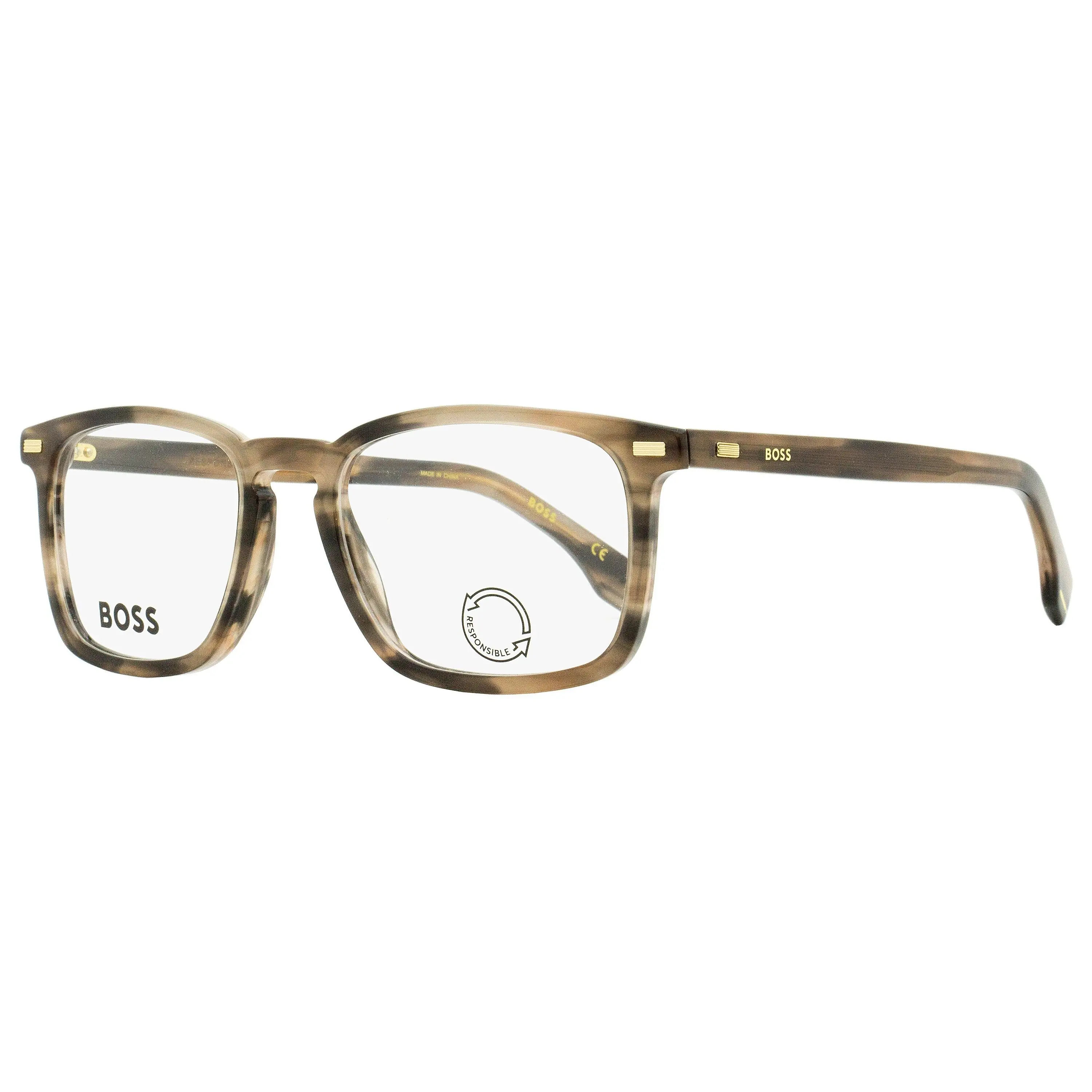 HUGO BOSS B1368 Men's Contemporary Rectangular Eyeglasses in Eco Acetate with Keyhole Bridge - Gray/Brown 53mm, Square Frames Style, Modern Frames, Boss Branding, Contemporary Designs, Keyhole Bridge Design, Male, Demo Lens, Everyday Wear, Optical Frame,,