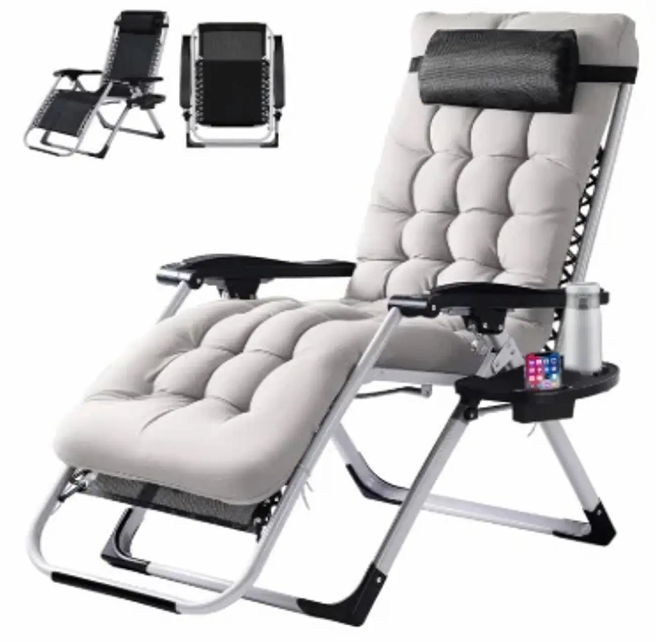 Zero Gravity Recliner Chair, Heavy-Duty Foldable Lounge Chair with Padded Cushion & Cup Holder for Patio, Camping, and Beach, Gray