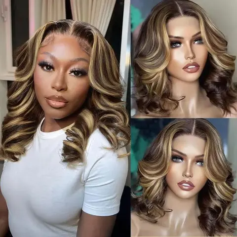 Highlight Bob Human Hair Wigs P4 27 Colored Ombre Brown Honey Blonde 13X4 HD Transparent Lace Frontal Wig 180 Density Body Wave Short Bob Human Hair Wigs for Black Women