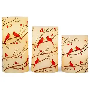 Flameless LED Christmas Candles 3pc Set – Glitter Berries & Cardinal Wax Pillars, 6hr Timer Decor Switch