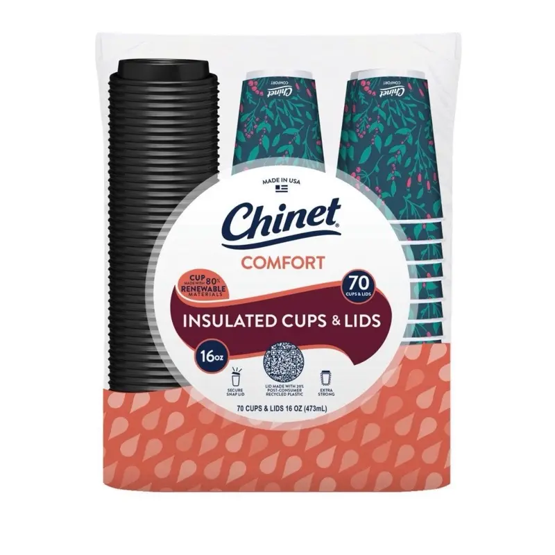 Chinet Comfort Insulated Cups & Lids 16 oz 70 ct Disposable Pack Made in USA Reusable Material 80% Renewable Materials Secure Seal