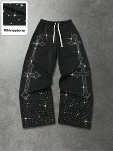 Unisex Rhinestone Casual Pants, Fitted, Sparkling Water Drill Decor, Full Star Letter Pattern, Street Style, All Seasons, Trendy School Hip-Hop, Casual Sporty Trousers
