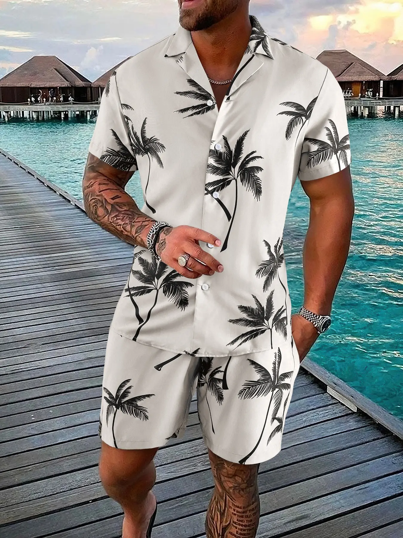 Men's Tropical Palm Tree Print 2-Piece Menswear Loungewear Set - Summer Clothing Set, Short Sleeve Camp Collar Shirt & Matching Drawstring Shorts, Soft Breathable Fabric, Relaxed Fit for At-Home Lounging, Lazy Weekends & Casual Evenings