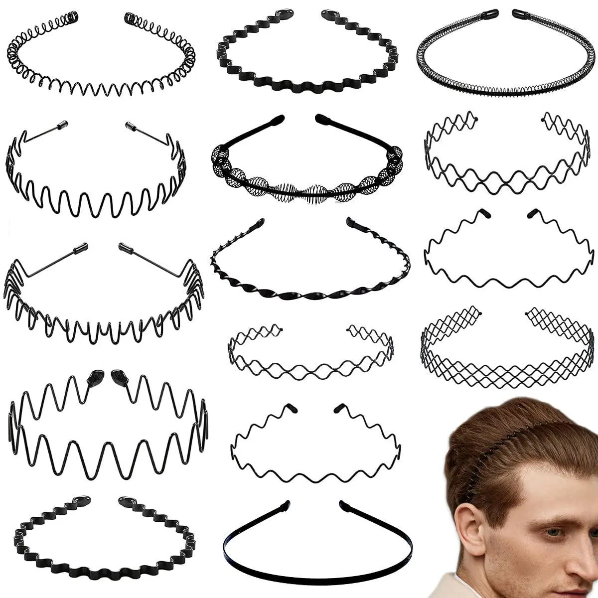 15 PCS Unisex Hair Band Adjustable Headbands, Wavy Hair Accessories Non-slip Hair Hoop, Metal Headband, for Men and Women, for Home, Outdoor, Sports and Yoga