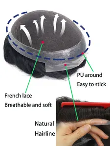 Australia Toupee Very Breathable and Easy to Use, French Lace with Thin Skin Around Base Real Human Hair Toupee for Men Hair Toppers For Thinning Hair Men's Wigs Capillary Systems Hair Density: 120% Gift for Father