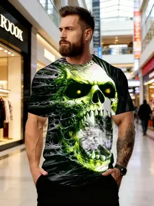Gothic Horror Style Men'S 3D Print T-Shirt 100 Percent Polyester Material 3D Technology Round Neck Design Machine Washable And Dry Cleanable Featuring A Glowing Green Skull with Fiery Eyes And Smoke Effects Perfect for Halloween Parties Or Dark Fash