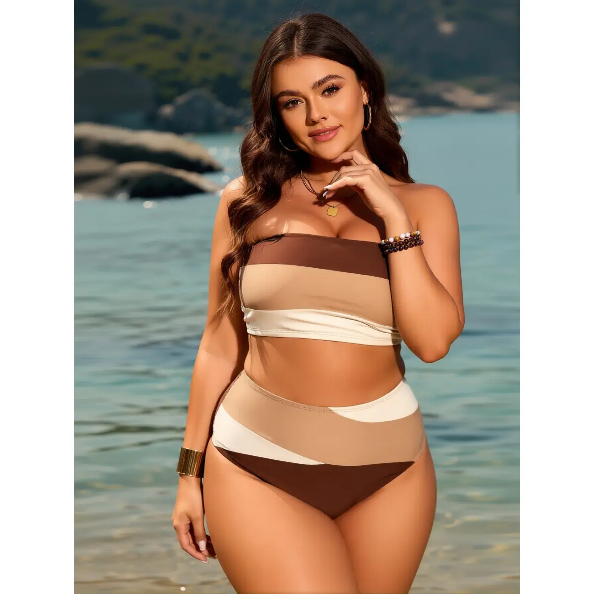 Women's Plus Size Strapless Bandeau Bikini Set Color Block High Waist Tummy Control Two Piece Swimsuit Modest Flattering Bathing Suit 2026 Summer Beachwear for Pool Party Cruise Honeymoon Spa Travel Vacation