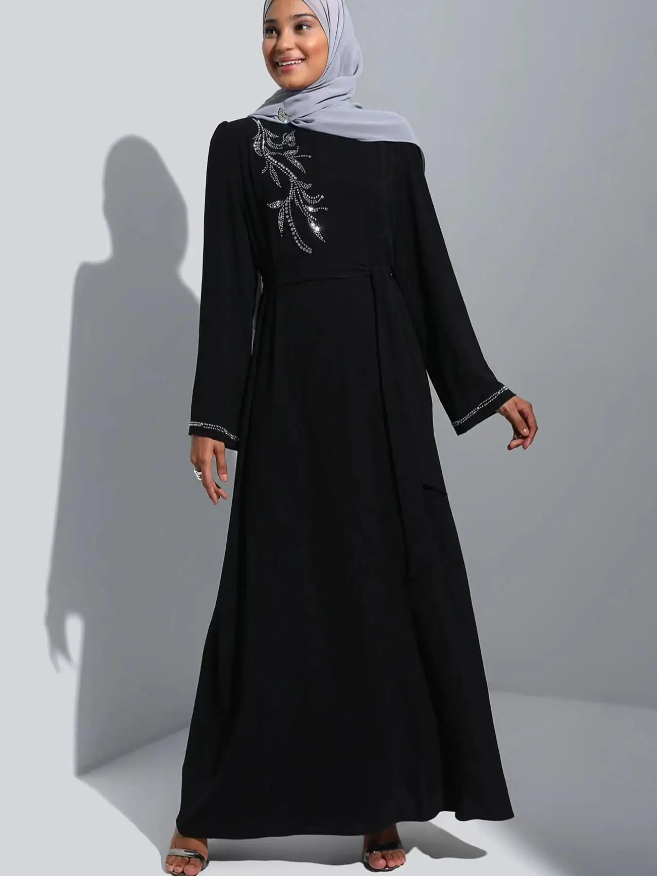 Arabic Clothing- Muslim Ramadan Round Neck Kaftan, Abayas, Rhinestone Decor Arabian Dress, Elegant Belted Long Sleeve Dress, Women's Clothing