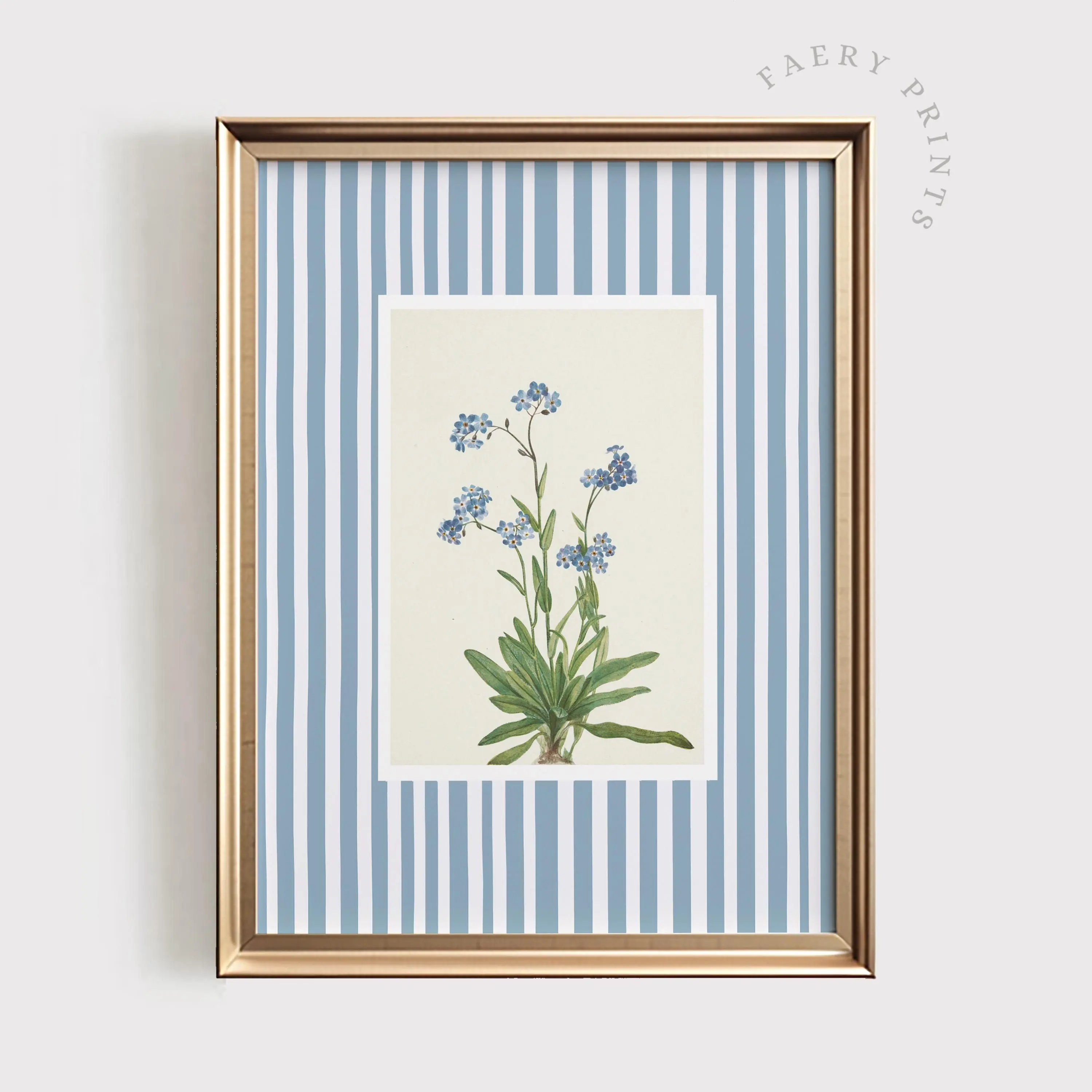 [SALE UP TO 40%] [Unframed] Blue Stripe Floral Print | Pastel Blue PRINTABLE Wall Art | Soft Baby Blue Nursery Decor | Botanical Forget-Me-Not Flower Wall Art