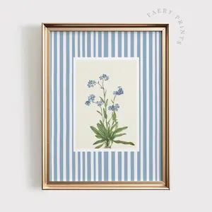 [SALE UP TO 40%] [Unframed] Blue Stripe Floral Print | Pastel Blue PRINTABLE Wall Art | Soft Baby Blue Nursery Decor | Botanical Forget-Me-Not Flower Wall Art