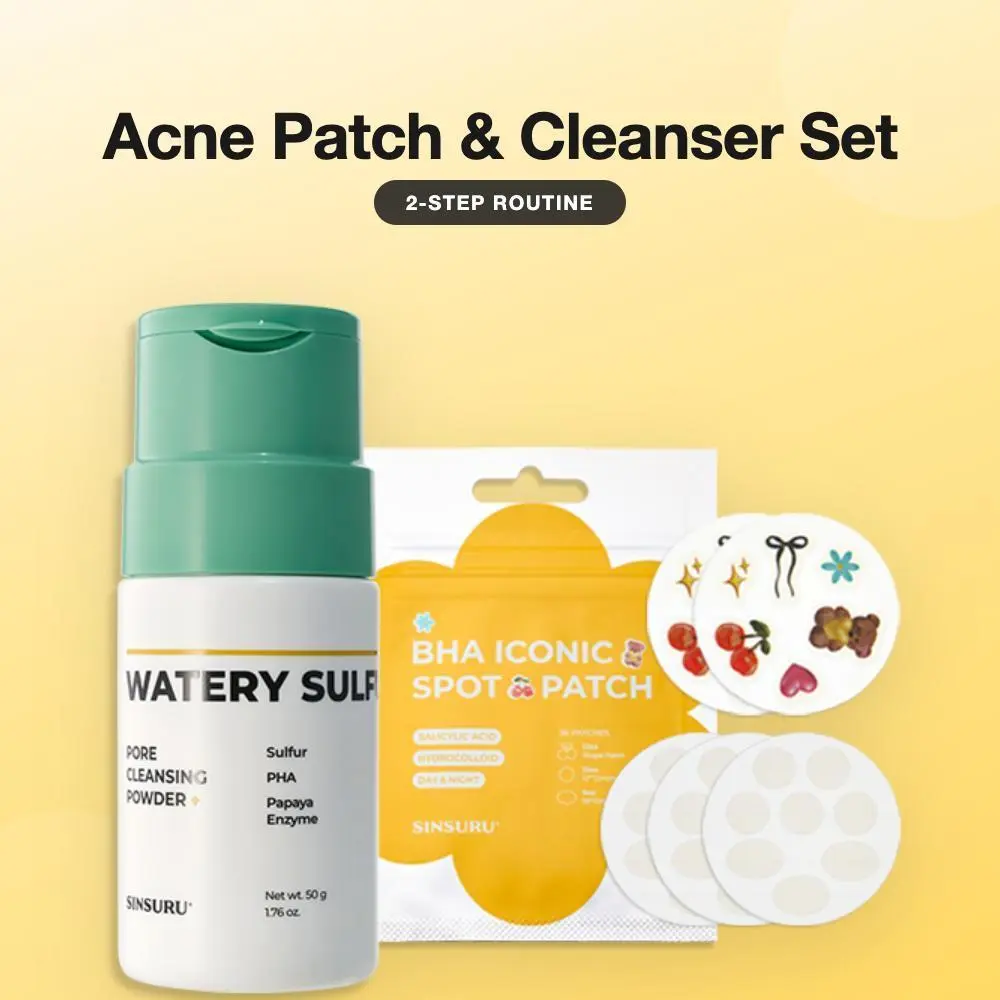 SINSURU Cleanse + Calm Duo – BHA Sulfur Pore Cleansing Powder & Iconic Spot Patch Set | Korean Acne Skincare Bundle for Oily & Acne-Prone Skin (Cleanser 1.76 oz + Patch 36 EA)