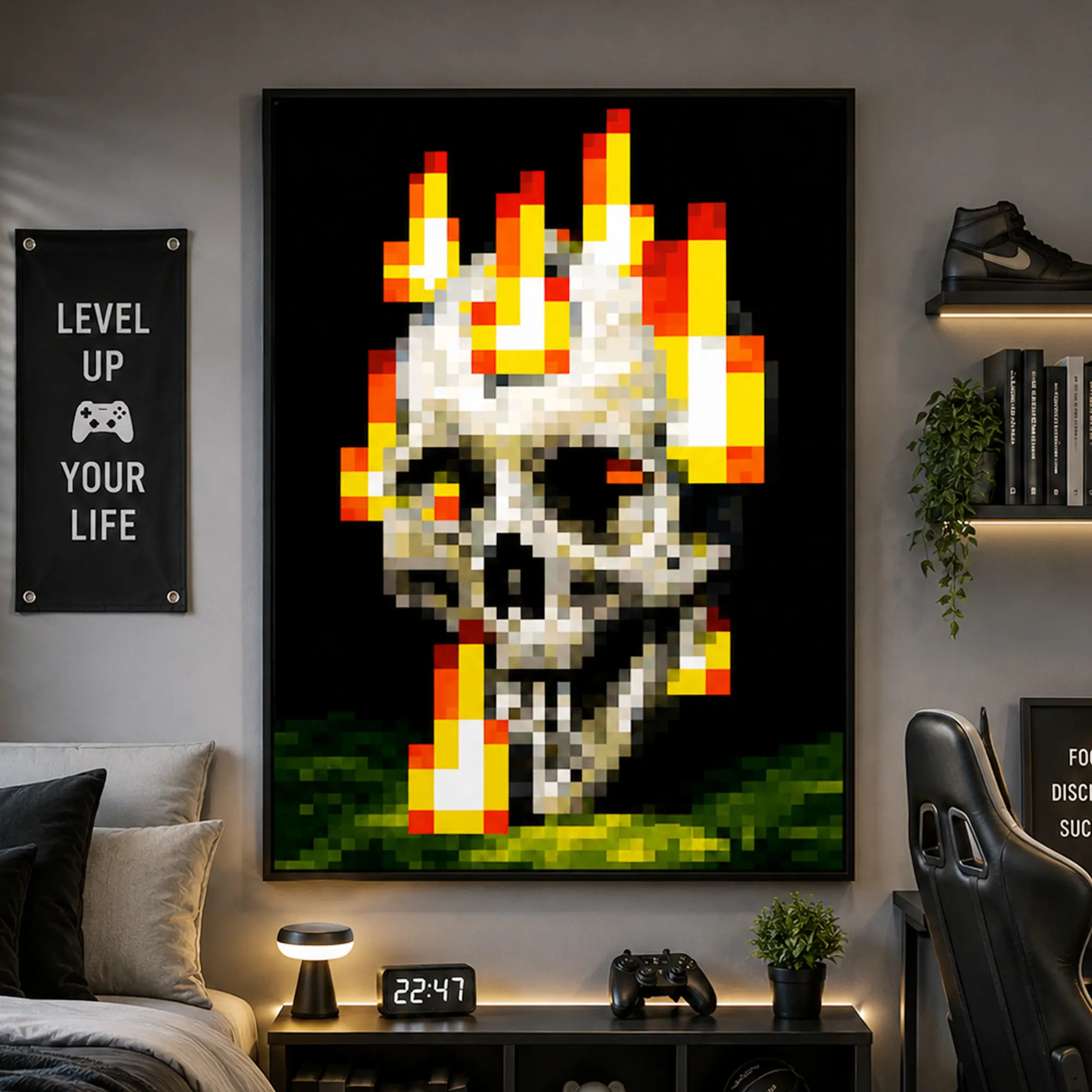 Minecraft Burning Artistic Poster, High-Quality Print, Game Poster, Vibrant Colors, Rustic Charm, Trendy Funny Wall Art, Dorm Room Decor, Pixel Art for MC Fans, Gaming Room Decor, Gamer Gift, Aesthetic Room Decor, Bedroom Decor, Wall Art Decoration