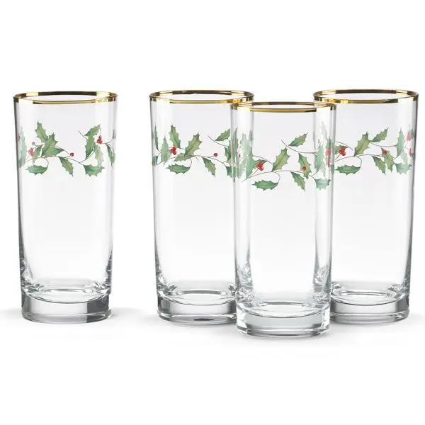 Lenox 4-Piece Holly Berry Holiday Motif Highball Glass Set - Gold-Accented, Hand Wash Only, Kitchenware Drinkware Gift, Wonderful Gift