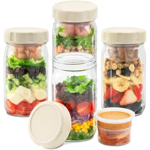 4PCS Glass Salad Jars with Lids, 32 oz Salad Container with 2 sauce containers Compartments, Yogurt Pots for Dry-Wet Separation, Breakfast Pots for Yogurt Cereal Fruit, Glass Mason Jars for Salad
