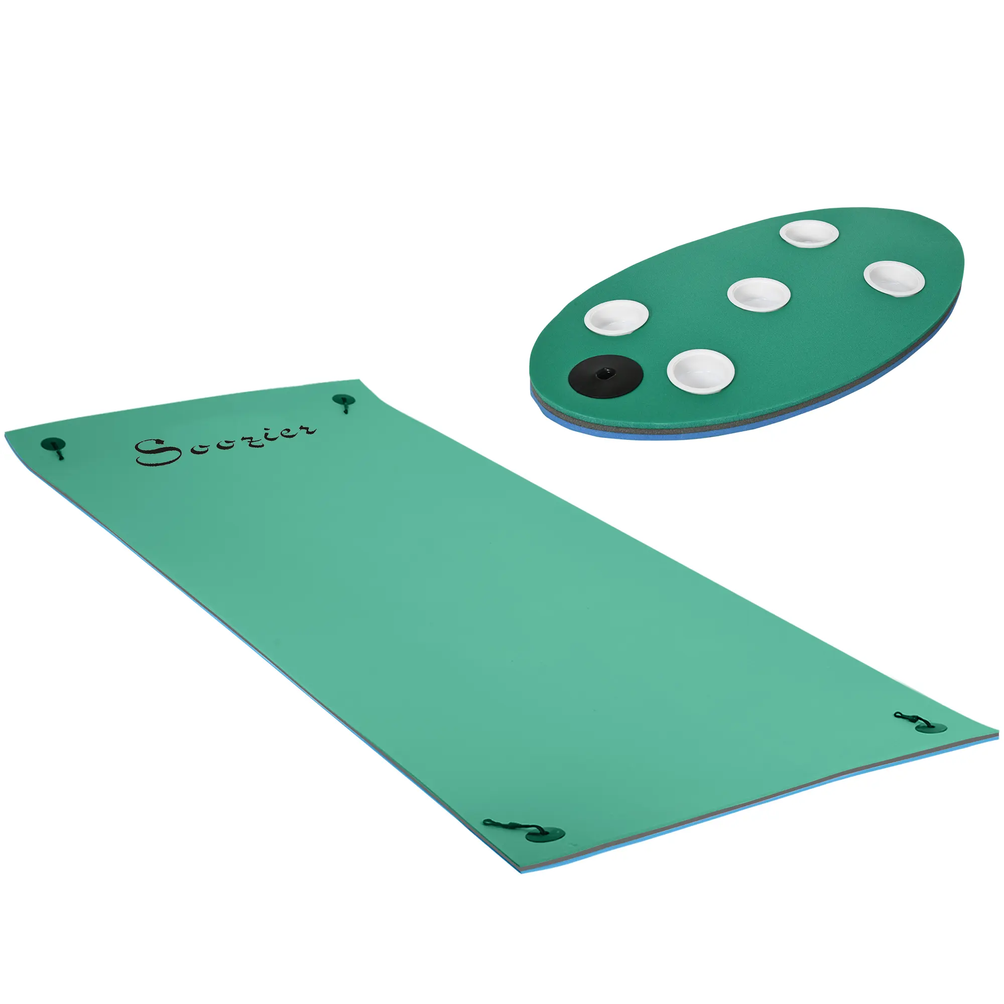 12'x5' Lily Pad Floating Water Mat, 3-Layer Anti-Tear XPE Foam Floating Dock with Detachable Cup Holder Table, Portable Roll-Up Lake Float Mat for Family Sunbathing, Pool Party Float for Lake River Beach Pool, Green