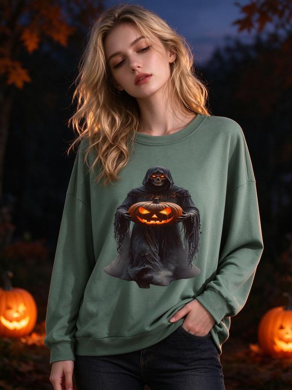 Women's Ghost Reaper Halloween Crewneck Sweatshirt - Long-Sleeves, Misty Pumpkin, Dark Gothic Oversized Casual Garment, Comfortable Fabric, Spooky Fall Horror Top, Goth Gift