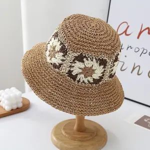 Women's Hat - Small Brim Crochet Straw Hat with Ethnic Floral Pattern NCM23