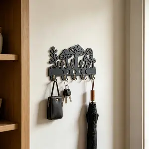 Wooden Floral Mushroom Key Holder, Durable Coat Hook, Easy Installation, 5 Alloy Hooks, Vintage Wall Art, Eco Board Material