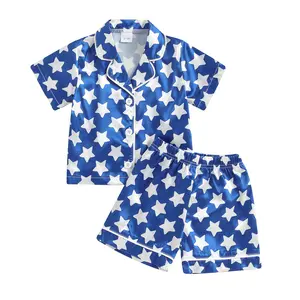 Kids Girls Boys Pajamas Outfits Star/Flower Print Short Sleeve Shirts Elastic Waist Shorts Summer 4th of July Sleepwear Suit