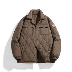 Men's Brown Diamond Quilted Jacket, Retro Casual Collared Multi-Pocket Warm Winter Coat