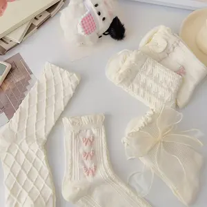 5 pairs of bow cartoon bear socks, cute college style tube socks for autumn and winter, women's stockings and socks