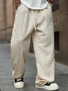 Men's Textured Vertical Stripe Drawstring Wide Leg Pants, Casual Street Style Loungewear, Couple Matching Long Trousers