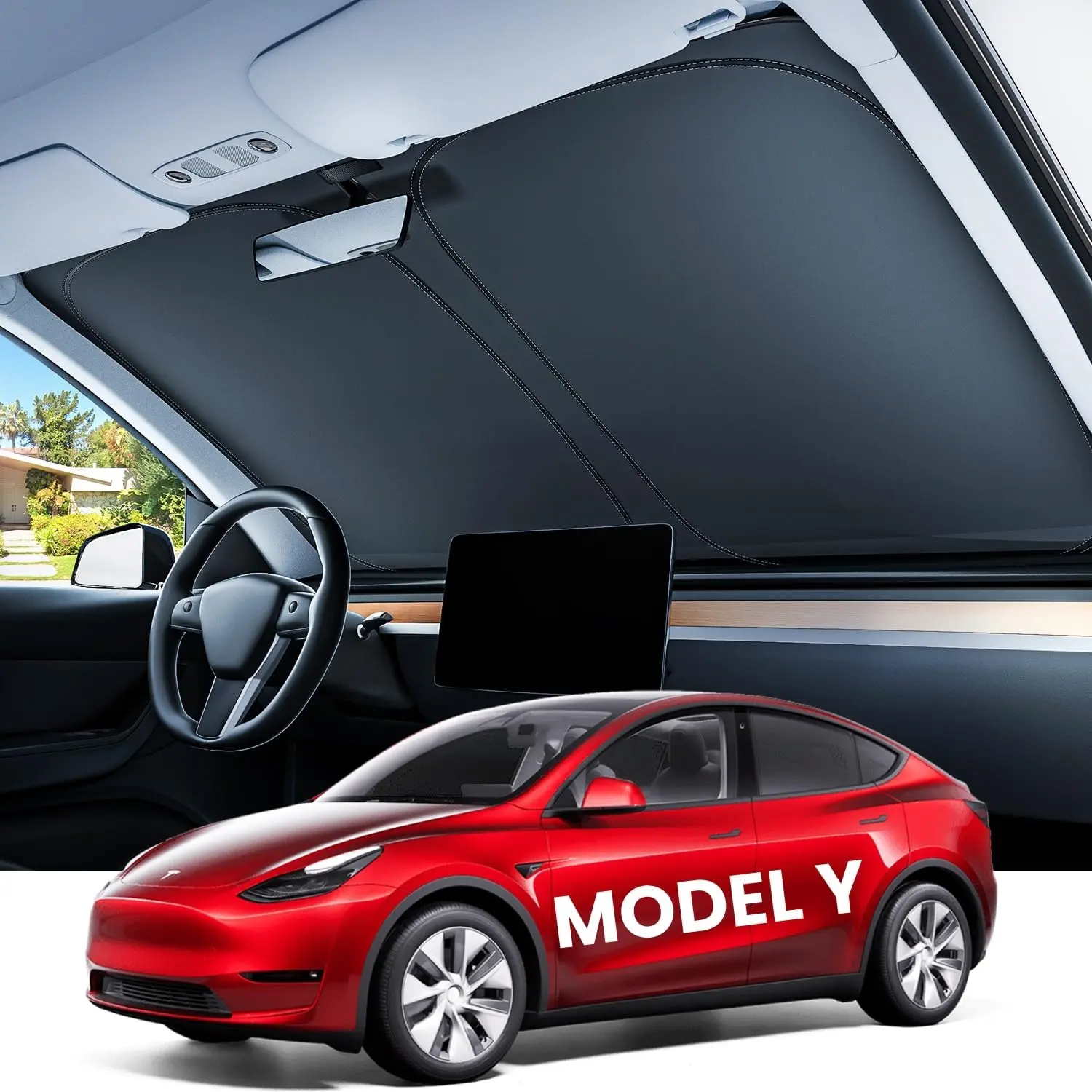 REEVAA Upgraded Car Sun Shade Front Window for Tesla New Model Y 2016-2026 (Juniper), Tailored Fit, 99% Sun Protection, Foldable UV Filtering Front Window Accessory with Storage Bag