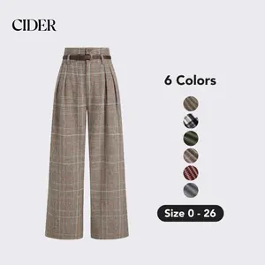 Cider [6 colors, size 0-26] Houndstooth High Waist Belted Wide Leg Trousers