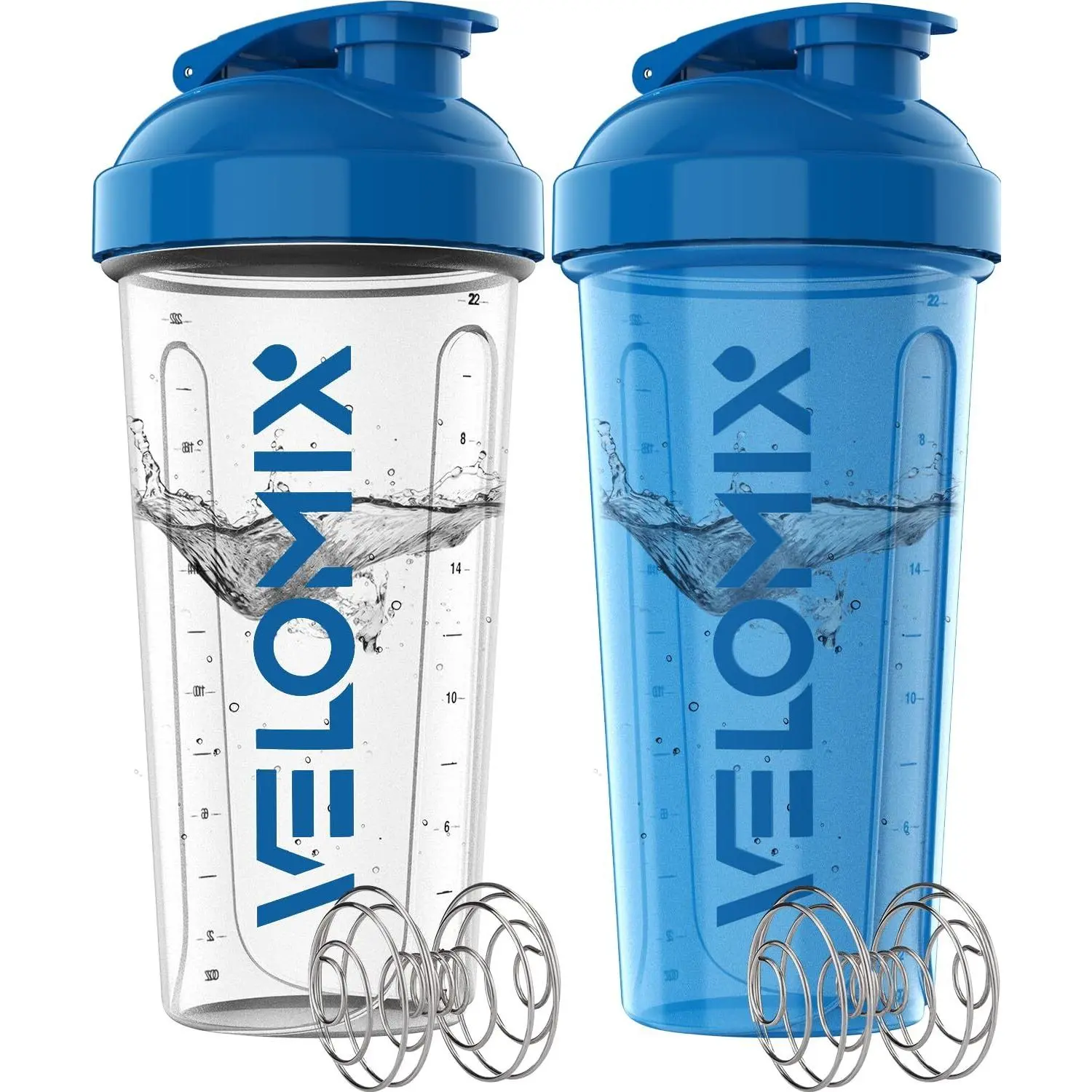 VELOMIX -2 Pack- 28 oz Protein Shaker Bottles for Protein Mixes - 2x Wire Whisk | Leak Proof Shaker Cups for Protein Shakes | Protein Shaker Bottle Pack | Shakers for Protein Shakes-Blue&Transparent
