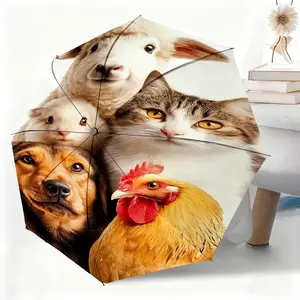 Waterproof folding umbrella with cute animal head designs (sheep, rabbit, cat, dog, chicken), suitable for both men and women, portable and suitable for travel and everyday use.