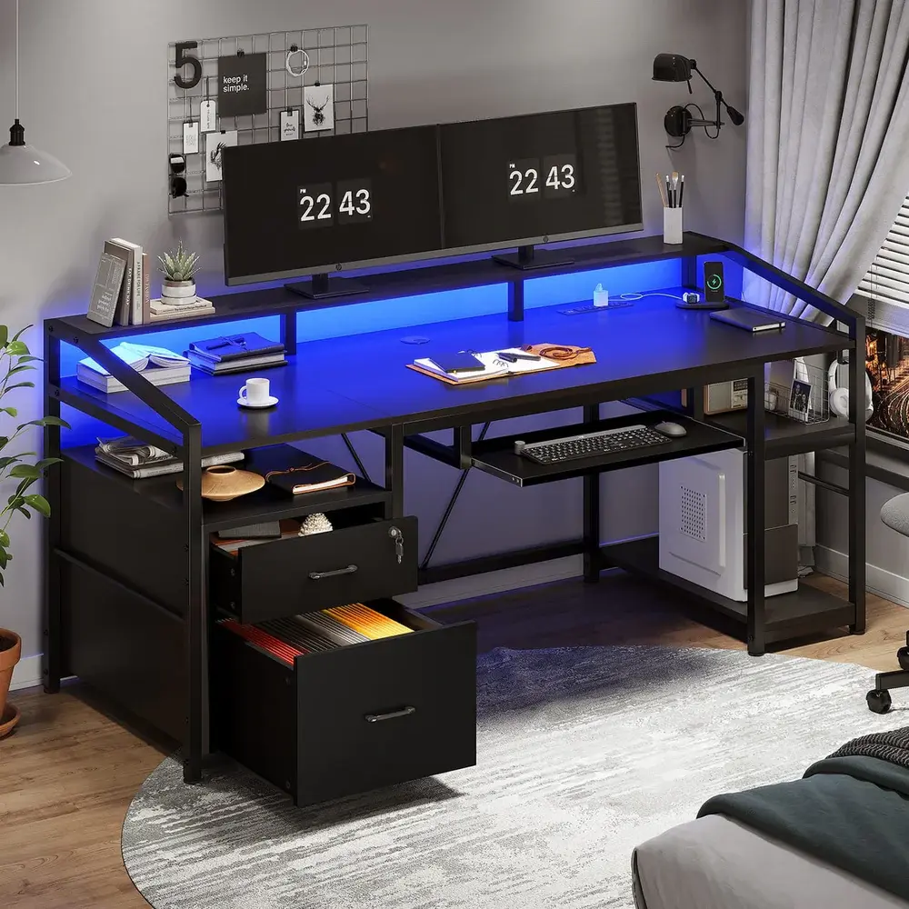 SIKAIC 63-Inch L-Shape Ergonomic Gaming Corner Desk - Engineered Wood, LED Lights, Drawers, Computer Monitor Stand, Black Ergonomic Office Home Office Furniture, Home Office Desk