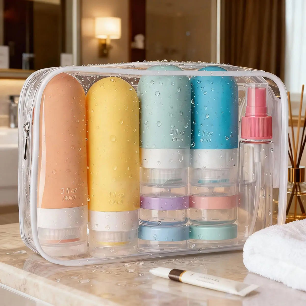 17-Piece TSA-Approved Silicone Toiletry Bottle Set, Leak-Proof Refillable Liquid Containers for Shampoo & Conditioner, with Makeup Storage Box, Tool Kit, Brush Organizer and Makeup Brush Set (Gift Option), Multi-Pack