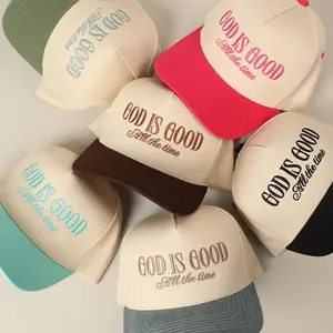 GOD IS GOOD Two-Tone Vintage Canvas Trucker Hats for Men & Women, Adjustable Size Baseball Caps with Trendy Embroidered Design
