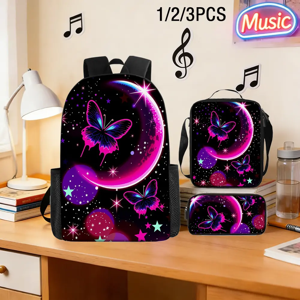 Glowing Moon & Butterfly 3PCS Backpack Set, Durable 600D Oxford Cloth School Bag, Adjustable Breathable Strap, Fits 15in Laptop for Kids Teens School Travel Outdoor