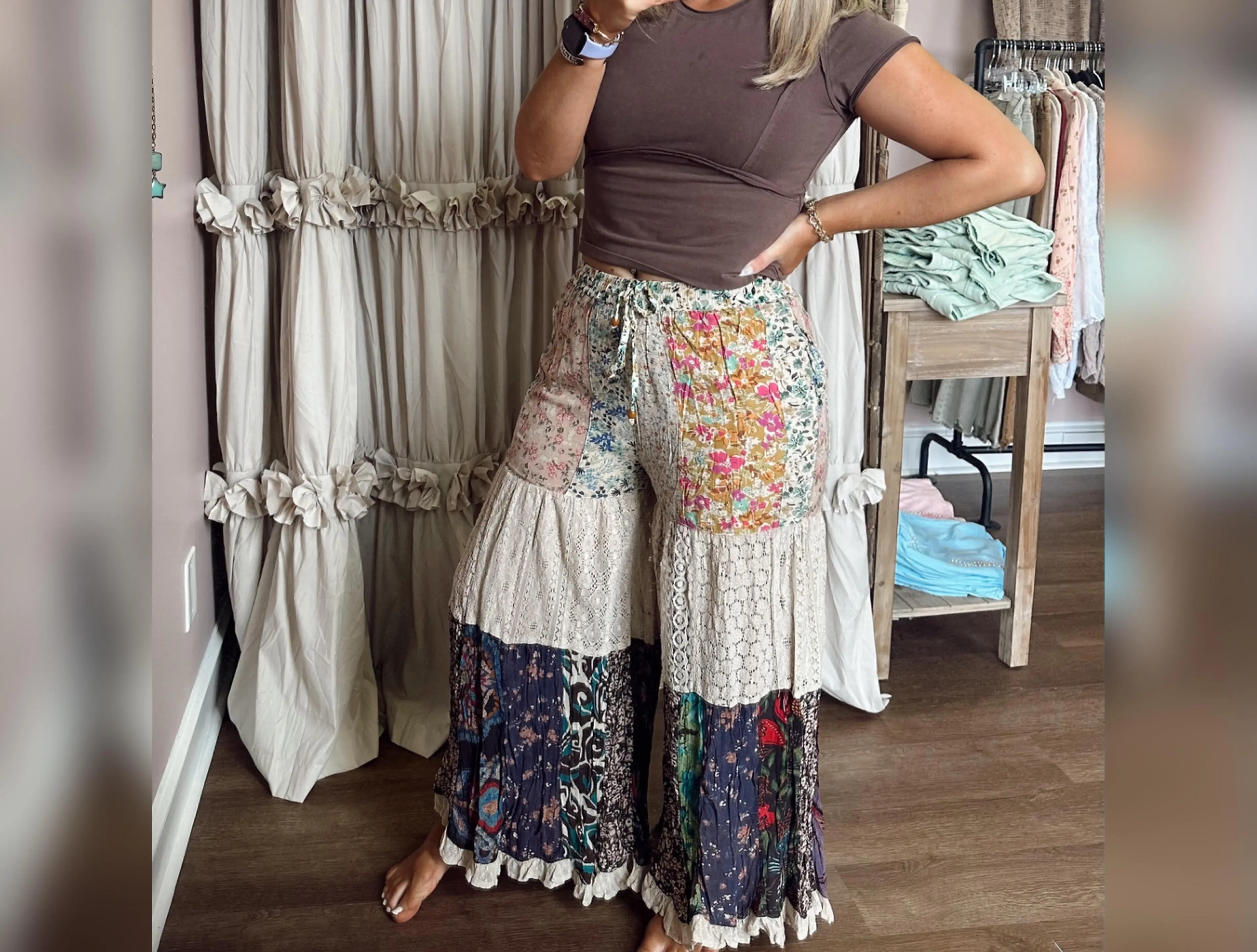 Patchwork Tiered Lace Flare Pants