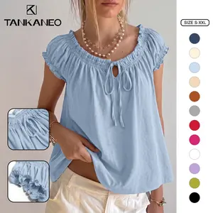 TANKANEO Women's Cotton Scoop Neck Blouses, Summer Cap Sleeve Pleated Babydoll Tops, Adjustable Ties Front, Medium Length Casual Loose Flowy Going Out Shirts