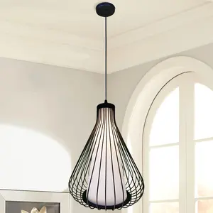 Nordic Modern 13 Inch Birdcage Pendant Light Black Wrought Iron White Fabric Shade Height Adjustable E26 Ceiling Light with Warm Bulb for Kitchen Island Living Room Hallway