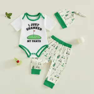 Infant Baby Summer Clothing Sets Fashionable Golf Print Short Sleeve Romper with Pants, Hat 3Pcs Outfits