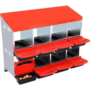  8 holes（Red) Metal Chicken Nesting Box, 8 Compartments Egg Laying Box, Roll Up Design Lid, Red Housing Ventilation
