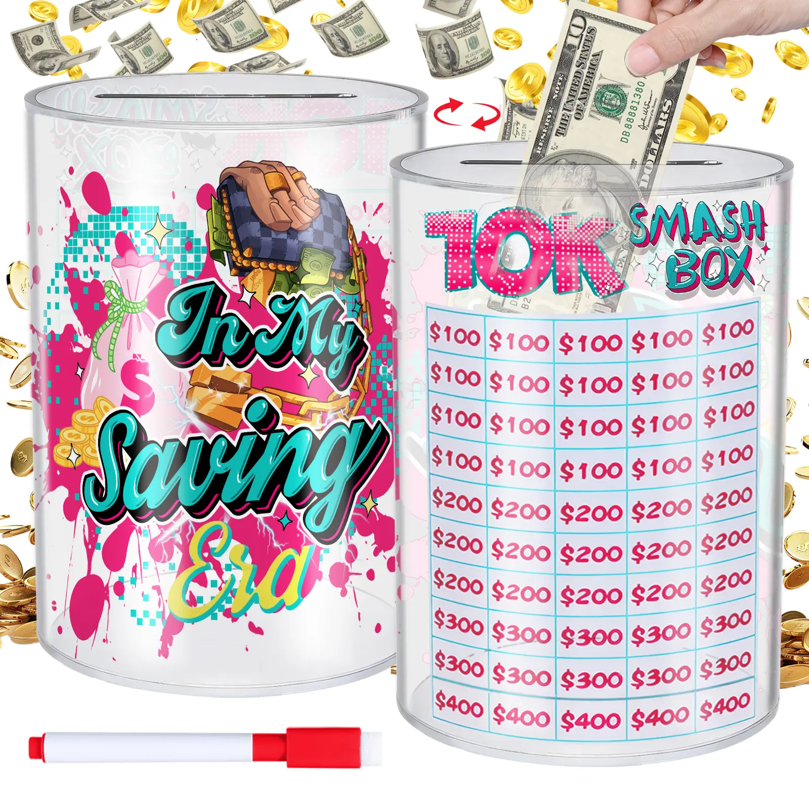 10k Smash Box for Money Saving Jar, Unbreakable Piggy Bank for Adults, Save Money Box for Cash Coin Jar, 10000 Money Savings Challenge Box, Unopenable Breakable Clear Acrylic Money Saver Bank