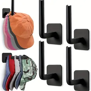 4pcs No-Drill Hat Storage Hooks, Plastic Hanging Hooks for Keys Hats Towels, Self-Adhesive Space Saving Organizer for Home Bathroom Bedroom, Wall Mounted Hook